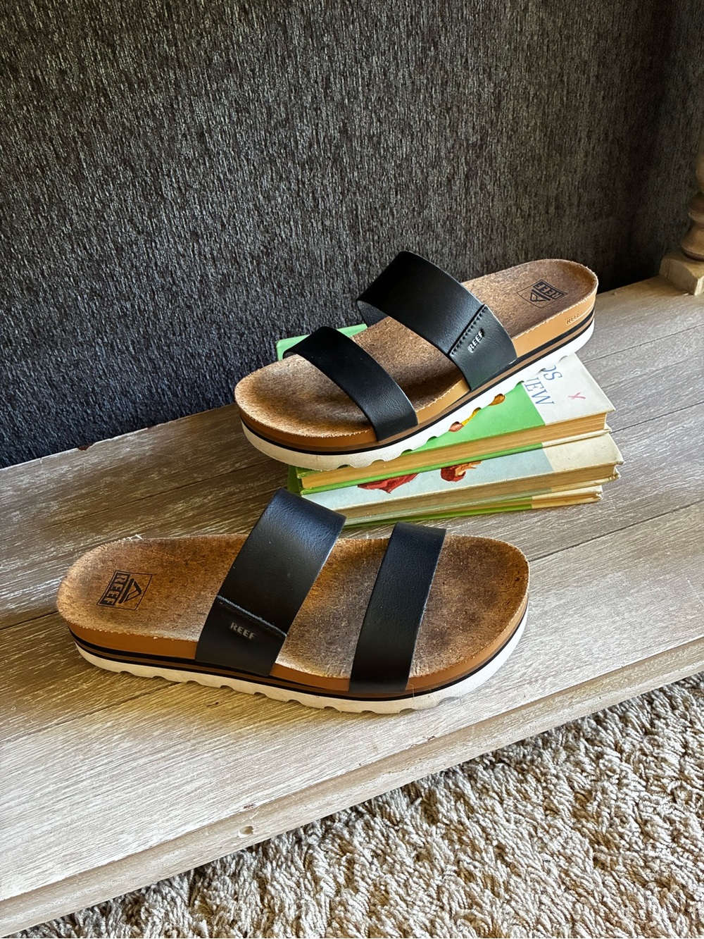 Reef Cushion Vista Hi Platform Sandals In Black With Cork Footbed